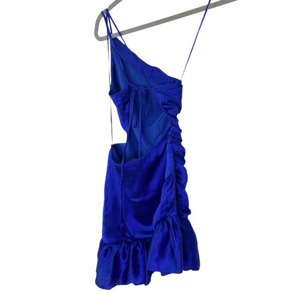 Amanda Uprichard Nicoletta Silk Mini Dress One Shoulder Ruffle Hem Lapis Size S - Picture 7 of 10